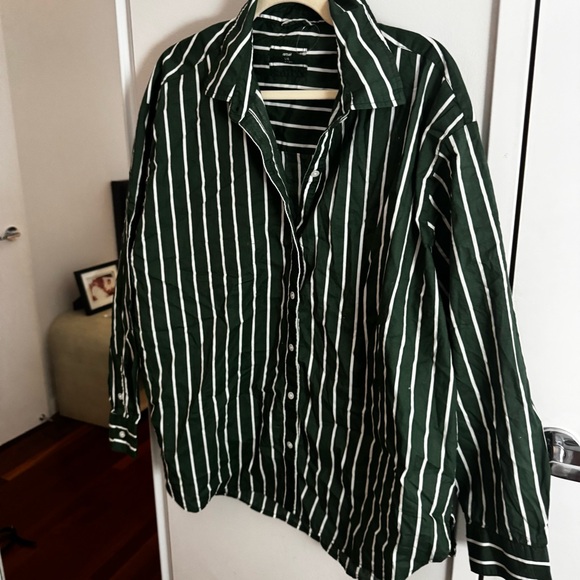 Aerie Good Day Cover Up Button Down Poplin Shirt - Green & White Striped - Picture 5 of 5